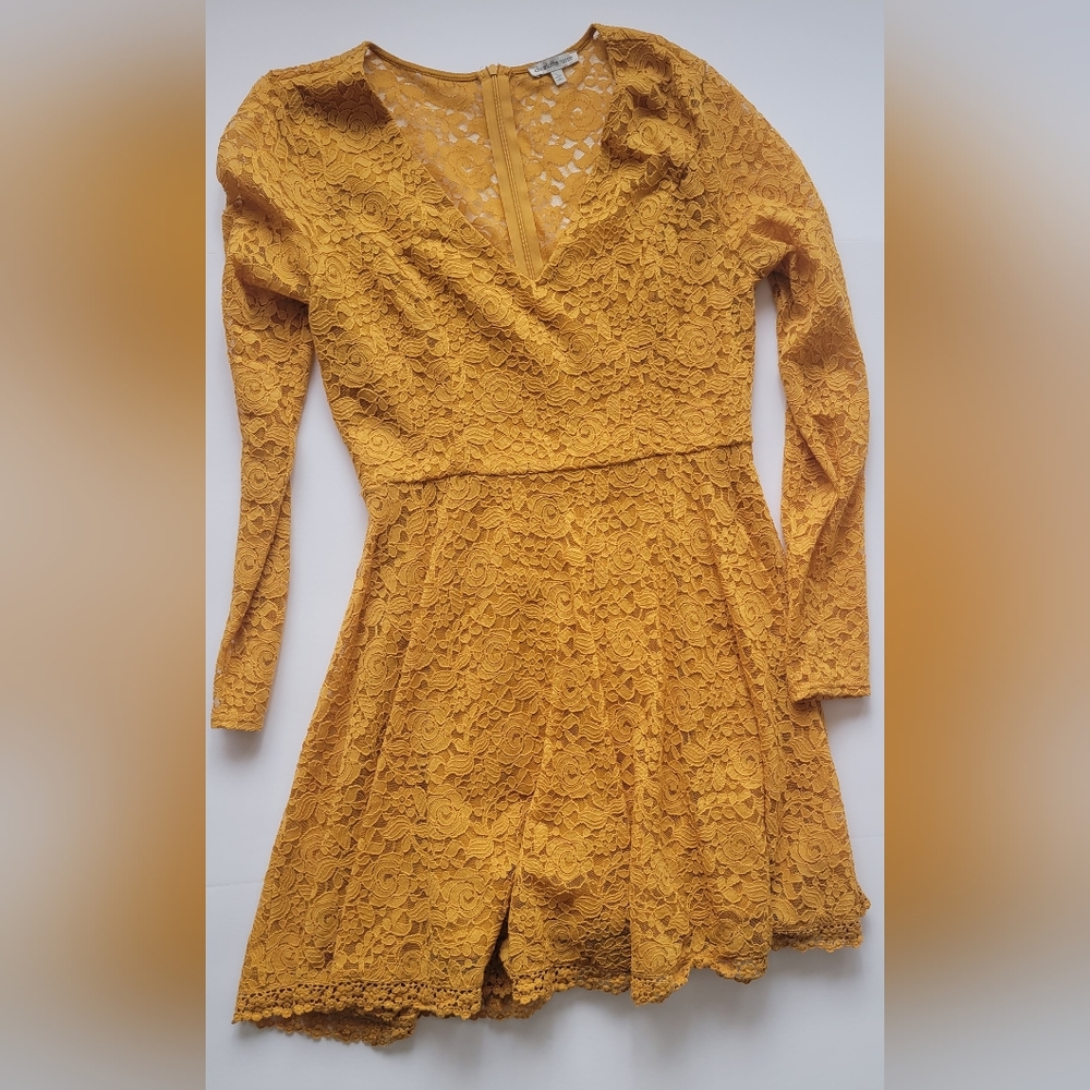 Mini Boho mustard Yellow Lace v neck skater long sleeve dress Juniors L